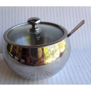 Kook Stainless Steel 304 Sugar Bowl with Glass Lid & Serving Spoon Mirror Finish
